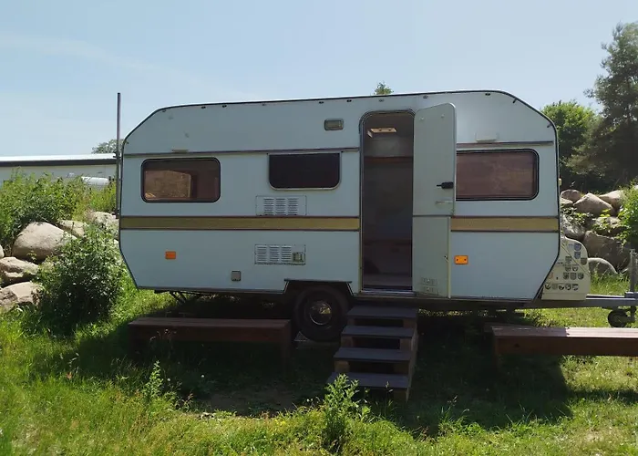 Heller Wohnwagen auf Tierschutz Landhof inmitten der Natur