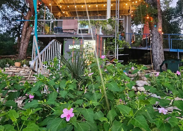 Pickles Place Is A Stacked Container Home In The Texas Hill Country This Space Is Surrounded By Giant Elm Trees Lush Greenery Across The Street From The San Gabriel River One Double Bed Full Size Shower & Full Kitchen Plus Bbq Pit & Flategrill
